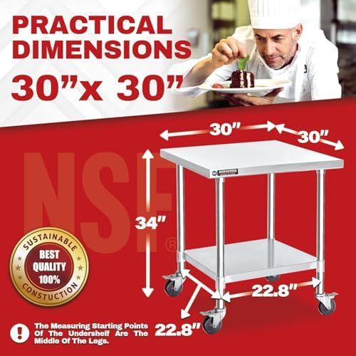 DuraSteel 30x30 NSF Stainless Steel Cart Work Table - Heavy Duty Rolling Food Prep Table Countertop Island - Metal Utility Cart on Wheels Caster, Grill Stand Storage Outdoor Kitchen Tables Bar Top - Image 3