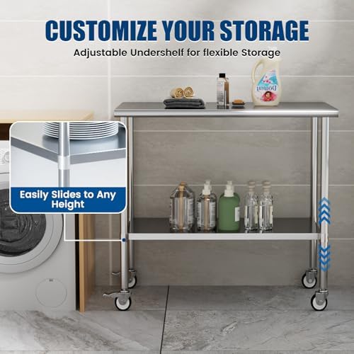 Stainless Steel Work Table with Wheels, 24x48 Inch NSF Kitchen Prep Table with Adjustable Undershelf for Commercial Restaurant, Garage, Outdoor BBQ - Image 4