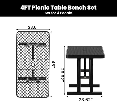 4FT Metal Picnic Tables for Outdoors, Commercial Rectangular Picnic Table for Outside, Park, Campfield, Patio, Garden, Yard, Thermoplastic Coating, Surface Mounted, Black - Image 3