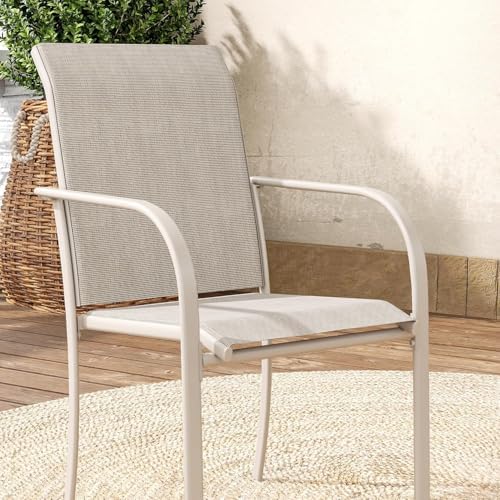 VICLLAX Large Patio Dining Furniture Set, Outdoor Dining Set for 10-60" Round Outdoor Table and Patio Stackable Chairs, Sandshell Color Tabletop and Fabric - Image 4
