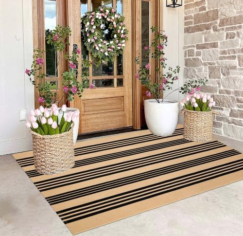 Outdoor Rug 3'x 5',Black and Tan Striped Area Rug Fall Front Porch Mat by BUAGETUP