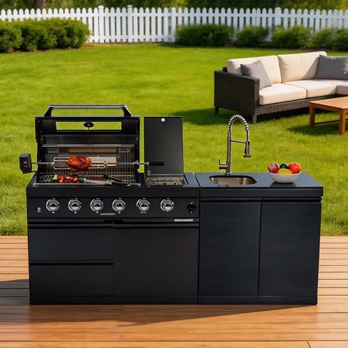79-Inch 4-Burner 72000 BTU Propane Outdoor Kitchen Island Grill with Round Side Burner, Rotisserie Kit, Granite Countertops & Sink, for Patio, Lawn, Backyard, Black - Image 3