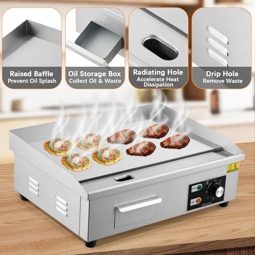 Commercial Electric Griddle 21 Inch, 110V 1600W Stainless Steel Flat Top Grill with Adjustable Temp Control 122°F-572°F, Includes Spatula & Scraper for Restaurant, Home, Outdoor Use - Image 4