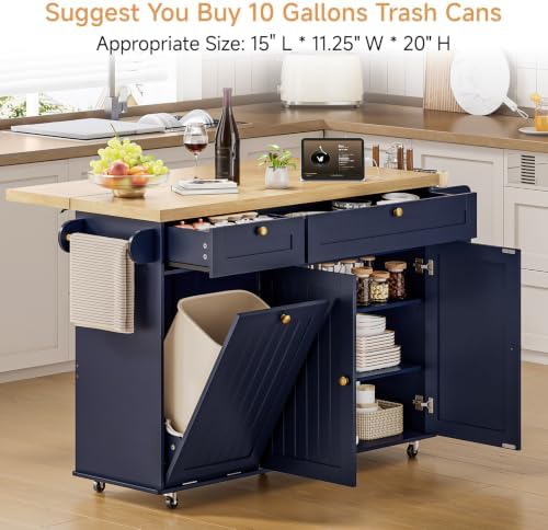 ONBRILL 60" Kitchen Island with Trash Can Storage, Rolling Island Table - Image 6