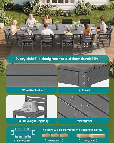 SERWALL HDPE Outdoor Dining Furniture, Outdoor Dining Set for 10, Gray - Image 4