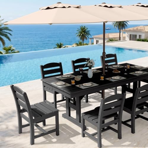 KINGYES Outdoor Dining Table,84'' HDPE Patio Table with Umbrella Hole,Grey - Image 5