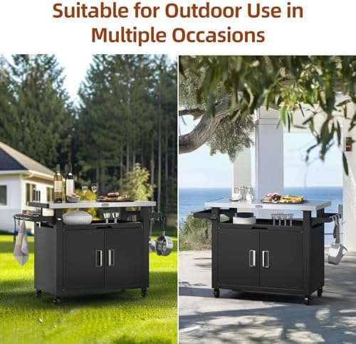 NUUK Outdoor Grill Cart with Storage Cabinet Metal Kitchen Island Prep Table with Movable Universal Wheels and Stainless Steel Top for Outside BBQ Backyard Include Hooks Spice Rack - Image 4