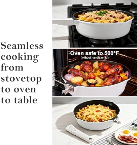 10 Inch Deep Frying Pan Skillet with Lid, Saute Pan Nonstick,White - Image 3