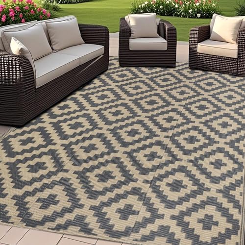 SAND MINE Reversible Mats, Plastic Straw Rug, Modern Area Rug, Large Floor Mat and Rug for Outdoors, RV, Patio, Backyard, Deck, Picnic, Beach, Trailer, Camping (4' x 6', Grey Tan Lattice) by SANDMIND