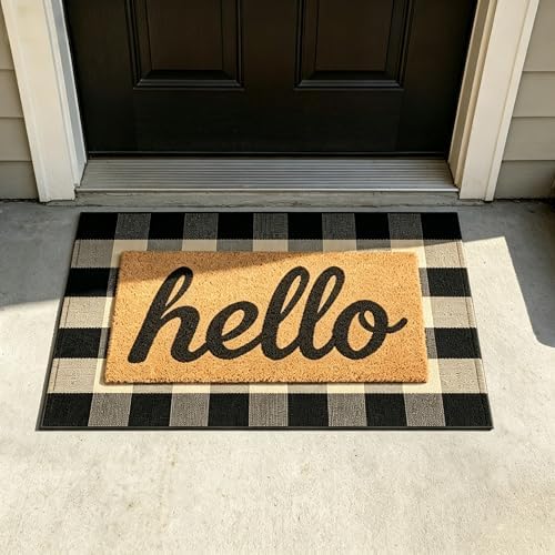 SEEKSEE Fall Decor Buffalo Plaid Outdoor Rug 27.5x43 Coffee and Black Front Door Mat, Layering Rug for Porch, Washable Doormat, Front Porch Rug for Outdoor Entrance Entryway Patio Porch Decor - Image 4