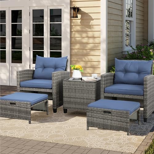 Vongrasig 5 Piece Patio Furniture Set, Small Balcony Furniture, PE Wicker Rattan Patio Chairs Set of 2, Outdoor Lounge Chairs with Cushions Ottomans &Glass Table for Porch Garden(Navy Blue) by Vongrasig