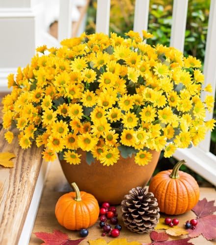 Daisy Artificial Flowers for Outdoors Fall Autumn Decoration, 6 Bundles Fake Mums Yellow Silk Flowers for Outside Look Real UV Resistant Faux Flowers Plants for Planter Front Door Home Indoor Porch by INSPRING