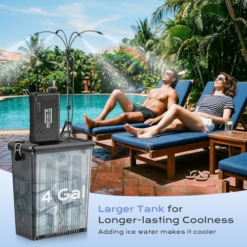 Standing Misters for Outside Patio - 4 Gallon Large Bucket & 10000mAh Water Pump, Adjustable Height 5 FT Stand Portable Misting Systems for Backyard, Beach, Pool, Sprinkler, Camping, Outdoor Cooling - Image 2