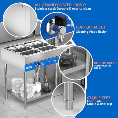 TOPKITCH ETL Listed 6-Pan Commercial Food Warmer, Electric Steam Table, 120V 1700W Stainless Steel Buffet Catering Food Warmer with Undershelf and Workspace, for Restaurant. - Image 5