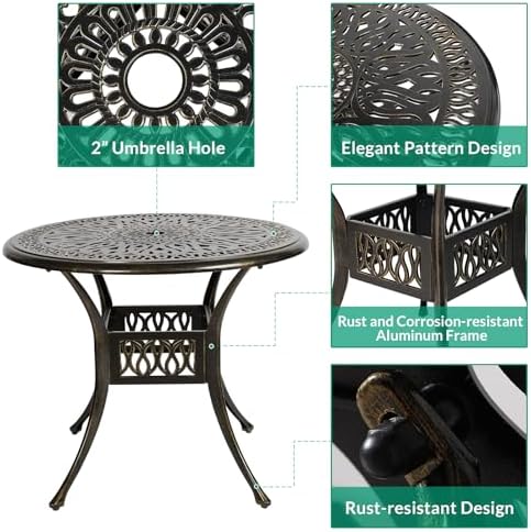 VIVIJASON 5-Piece Patio Furniture Dining Set, All-Weather Cast Aluminum Outdoor Conversation Set, Include 4 Cushioned Chairs and a 35.4" Round Table w/Umbrella Hole for Balcony, Garden, Red Cushion - Image 3