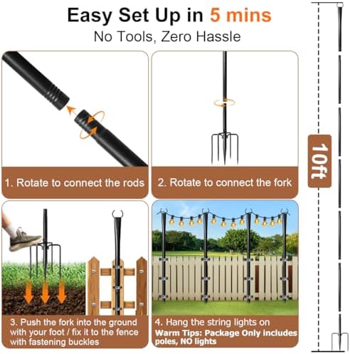 6 Pack String Light Poles for Outside, Upgraded Heavy-Duty Metal Poles for Outdoor String Lights with Fork, Adjustable Lighting Hanging Accessories for Patio Decor Pergola Backyard Garden Decorations - Image 6