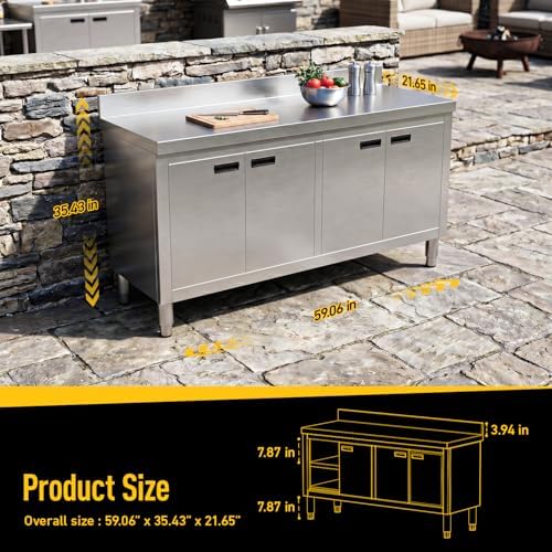 59" Stainless Steel Work Table with Cabinet, 4-Door Storage Cabinet - Image 2