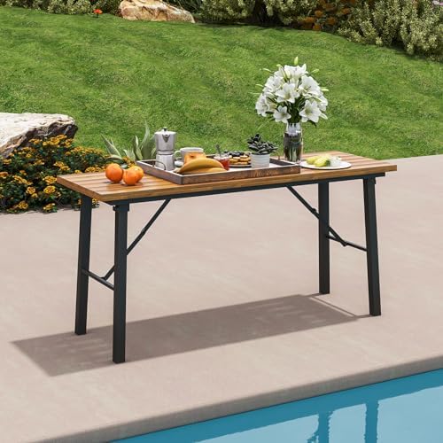 HAPPYGRILL Folding Picnic Table Bench Set, Acacia Wood Dining Table Bench w/Metal Frame, Portable Camping BBQ Table Bench, Rectangular Dining Table for Indoor Outdoor Activities Garden Yard Patio - Image 4