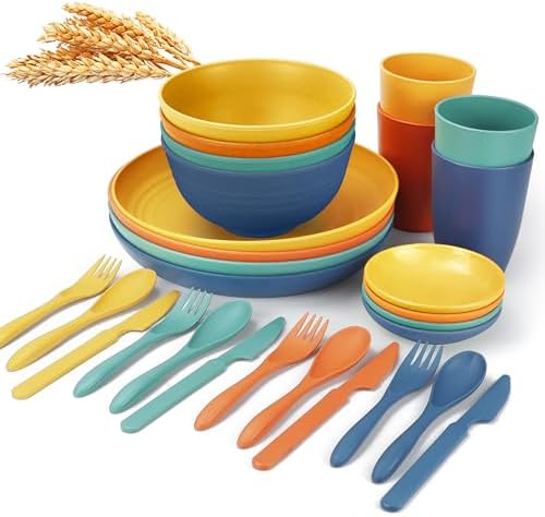 Wrova Wheat straw plates and bowls sets with cutlery - Unbreakable wheat straw dinnerware sets of 28 - Microwave safe plates,bowls,cups for camping,kitchen,new apartment.Colorful by WROVA