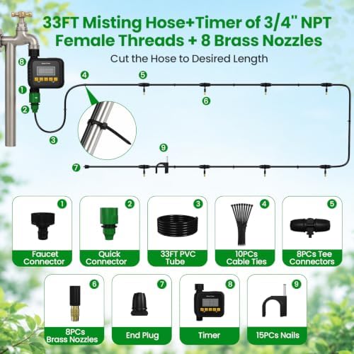 Chicken Mister with Timer, Chicken Coop Accessories with 33FT Hose and 8 Brass Nozzles, 9 Modes, 3/4’’ NPT Faucet Adapter, Misting Cooling System for Outside Patio Backyard Garden Porch Gazebos - Image 2