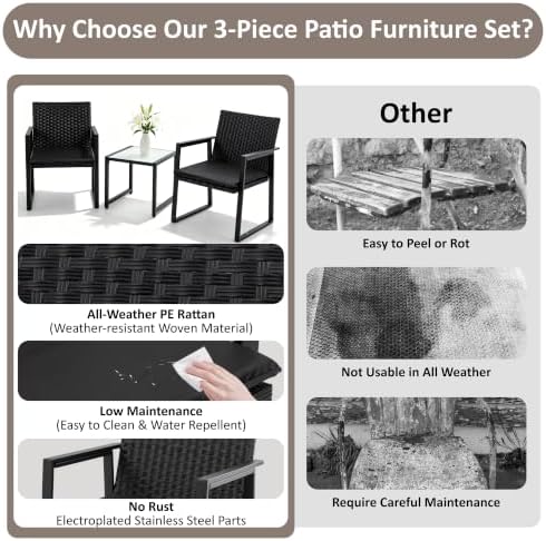 Shintenchi 3 Pieces Wicker Patio Bistro Sets, Rattan Patio Conversation Set with Coffee Table, Outdoor Wicker Furniture Set for Lawn, Garden, Balcony (Black) - Image 5