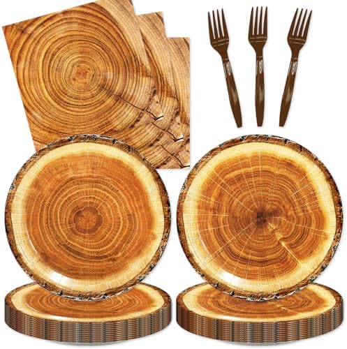 Wood Grain Slice Party Decorations 48Pcs Disposable Camping Hunting Plates Napkins Forks Supplies for Forest Baby Shower Decor Rustic Wood Slice Birthday Party Decorations by Unknown