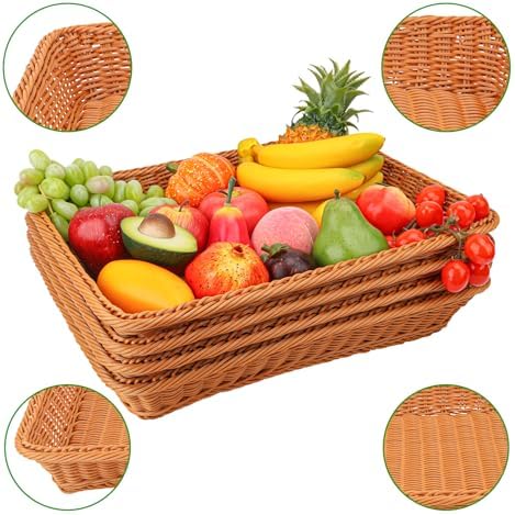 5 PCS 17.7 Inch Poly Wicker Bread Basket, Premium Large Wicker Basket, Woven Pantry Organizer, Rectangular Fruit Baskets, Bread Baskets for Serving, Restaurant, Home, Kitchen - Image 3