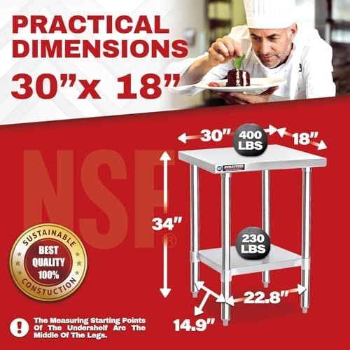 DuraSteel 30x18 Stainless Steel Work Table - NSF Commercial Prep Metal Table - Outdoor Pizza Oven Stand w/Under Shelf - Kitchen Island Laundry Utility Garage Microwave Stand Large Rolling Storage Cart - Image 2