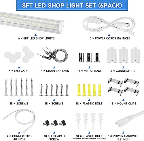 Phiwicsh 8FT U Shape 125W Integrated Tube Bright LED Light, 6500K Clear White, 20000LM - Flush Mount/Hanging Linkable LED Ceiling Lights for Garage, Plug&Play, 6 Pack - Image 3