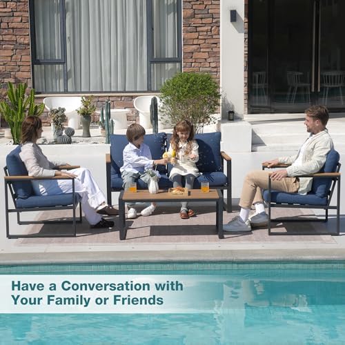 4 Pieces Metal Patio Furniture Set for Outdoor Balcony, Blue - Image 3