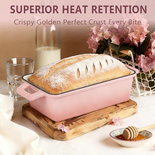 Wildone Enameled Cast Iron Bread Loaf Pan with Lid, 9x5 Sourdough Baking Pans for Homemade Bread, Cake, Meatloaf, Even Heating Bread Pans, 2-Piece Set, Pink - Image 6