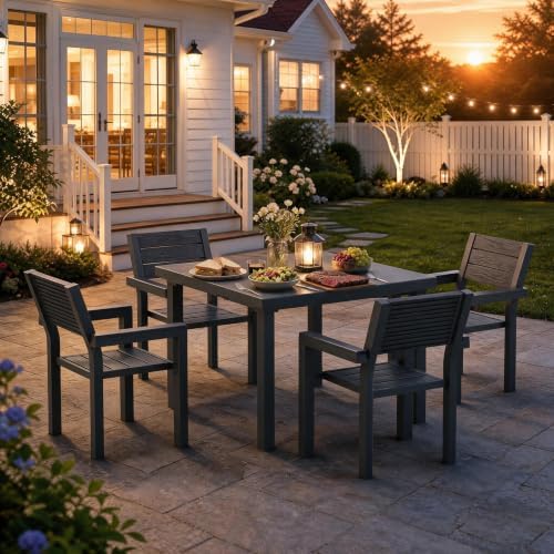5-Piece Patio Dining Set for 4, Wood-Grain HDPE Outdoor Table and Chairs - Image 6
