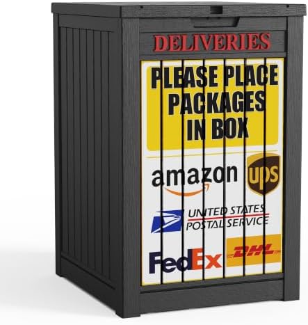 PatioZen Package Delivery Box,Outdoor Container Lockable, Black+Sign by OutdoorLivingPerfected