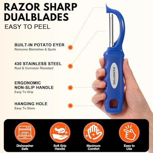 Rainspire Vegetable Peeler Potato Peelers for Kitchen, Sharp Stainless Steel Blades Veggie, Comfortable Handle Fruit Peeler, Carrot Peeler Apple Peeler Dishwasher Safe, Dark Blue, 2-Pack - Image 6