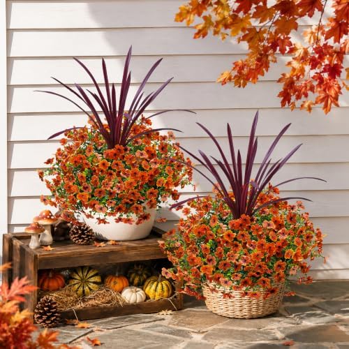 Fall Flowers Artificial Mums for Outdoors Autumn Decor, 12 Bundles Orange Fake Fall Mums with 1 pcs Burgundy Orchid Leaf UV Resistant Look Real Faux Flowers for Outside Planter Home Porch Patio Yard - Image 3