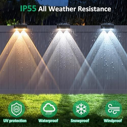 Solar Fence Lights Outdoor - 3 Color Modes(3000K/4000K/6000K), IP55 Waterproof Solar Lights, Fence Light Solar Powered for Outside, Backyard, Railing, Steps, Patio and Wall Lighting (2PK) - Image 2
