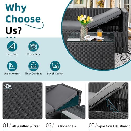 SUNLEI Patio Furniture Set with Detachable Soft Cushions, Outdoor PE Rattan Patio Conversation Sofa Set, 3-Piece Patio Sectional Sofa with Glass Coffee Table (Black Rattan&Charcoal) - Image 3