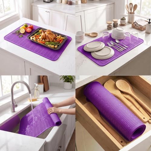 MicoYang Silicone Dish Drying Mat for Multiple Usage,Easy clean,Eco-friendly,Heat-resistant Silicone Mat for Kitchen Counter or Sink,Refrigerator or Drawer Liner Purple 4XL 32 inches x 18 inches - Image 4