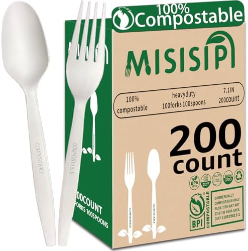 MISISIPI [7In 200Pcs] 100% Compostable Forks and Spoons Utensils Cutlery Silverware Heavyduty Eco-friendly Disposable Plastic free Forks and Spoons Utensils Cutlery Silverware for Party BBQ Lounge by MISISIPI