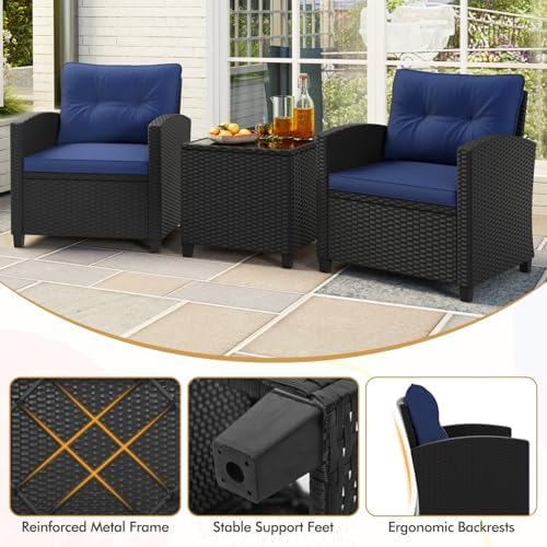 RELAX4LIFE 3-Piece Patio Furniture Set - Wicker Rattan Bistro Sofa w/Glass Top Coffee Table, Washable Cushions for Porch Balcony Backyard Poolside, Outdoor Conversation Set (Navy) - Image 7