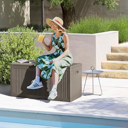 Devoko 97 Gallon Deck Box, Waterproof Resin Outdoor Storage Box for Outside and Patio, Large Outdoor Storage Bench Cabinet Lockable for Patio Furniture, Garden Tools and Pool Supplies (Brown) - Image 2