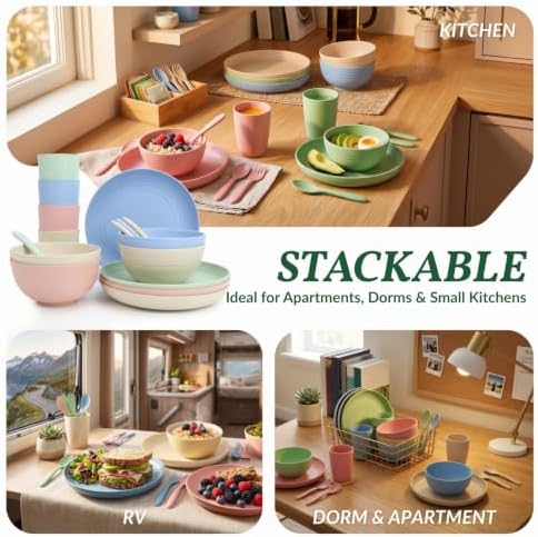 Homienly Wheat Straw Dinnerware Sets 20 PCS Plates and Bowls Sets Microwave and Dishwasher Safe Dish Set Unbreakable Camping Dish Set Cups and Plates Sets for Kitchen, Picnic, RV (Multilight) - Image 5