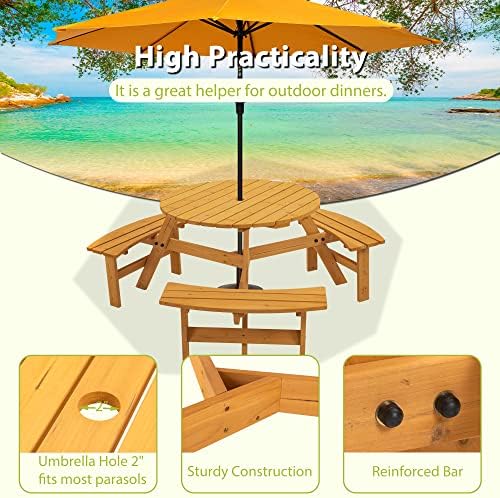 6-Person Circular Outdoor Wooden Picnic Table for Patio, Backyard, Garden, DIY w/ 3 Built-in Benches, 1720lb Capacity - Natural - Image 6