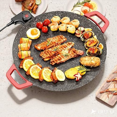 Electric Smokeless Grill, Non-Stick BBQ Griddle with Temperature Control, Round Cooking Surface with Red Handles, Indoor Barbecue Pan for Meat and Seafood (11) - Image 3