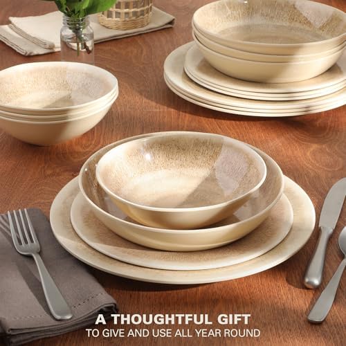 Gibson Home Casper Court 16-Piece Melamine Dinnerware Set – Beige Reactive Glaze Look Plates and Bowls, Service for 4 – Top Rack Dishwasher Safe Everyday Dining Set - Image 4