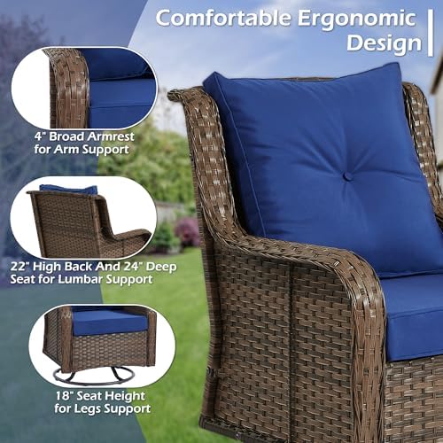 Wumiokio Patio Furniture Sets, 3 Pieces Wicker Outdoor Furniture - 360 Degree Swivel Rocking Chairs and Rattan Side Table for Garden,Porch,Backyard (Brown Wicker/Blue Cushion, 3PCS - Swivel Chairs) - Image 5