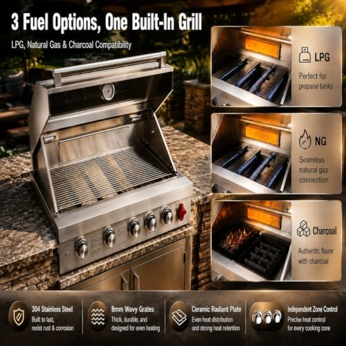 32in Built in Propane Gas Grills Charcoal & Natural Gas Triple Combo Grill - Image 2