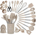 QMVESS Silicone Cooking Utensils Set, 28 Pcs Non-Stick Kitchen Utensils Set with Holder, 446°F Heat Resistant Spatula, Tongs, Spoons Set with Stainless Steel Handle Kitchen Gadgets (Khaki) by QMVESS