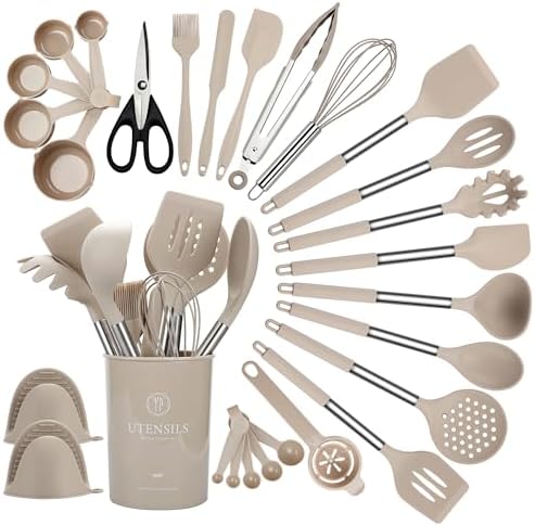 QMVESS Silicone Cooking Utensils Set, 28 Pcs Non-Stick Kitchen Utensils Set with Holder, 446°F Heat Resistant Spatula, Tongs, Spoons Set with Stainless Steel Handle Kitchen Gadgets (Khaki) by QMVESS