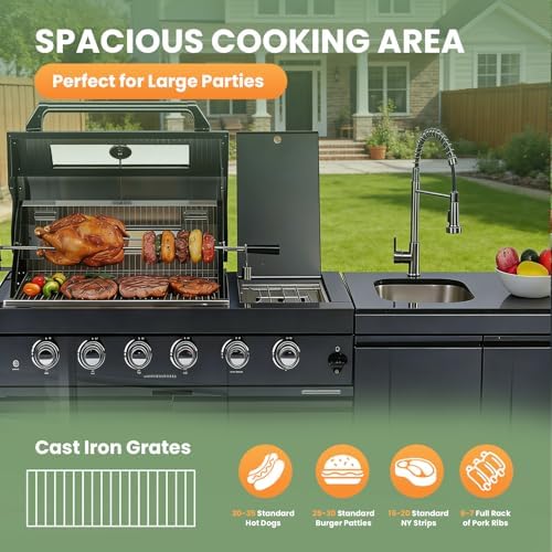 79" Rolling Outdoor Kitchen Island with Built-In 4-Burner 72,000 BTU Stainless Steel Propane Grill & Rotisserie Oven, Featuring Granite Countertops and Stainless Steel Sink.(Black + Sink, Propane Gas) - Image 2